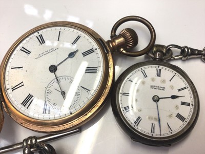 Lot 18 - Two antique 18ct gold cased ladies wristwatches, Labrador silver cased Swiss fob watch on leather watch chain and Waltham gold plated half hunter pocket watch (4)