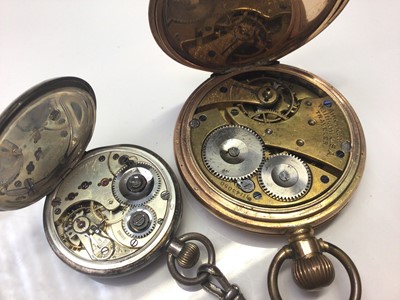 Lot 18 - Two antique 18ct gold cased ladies wristwatches, Labrador silver cased Swiss fob watch on leather watch chain and Waltham gold plated half hunter pocket watch (4)