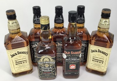 Lot 69 - Seven bottles, Jack Daniel's Tennessee Whiskey (3), Jack Daniel's Tennessee Honey (2), Old Samuel Blended Bourbon and Billy's Bourbon
