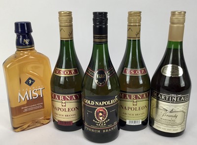 Lot 74 - Five bottles - Napoleon Brandy, Martineau and a bottle of Canadian Mist