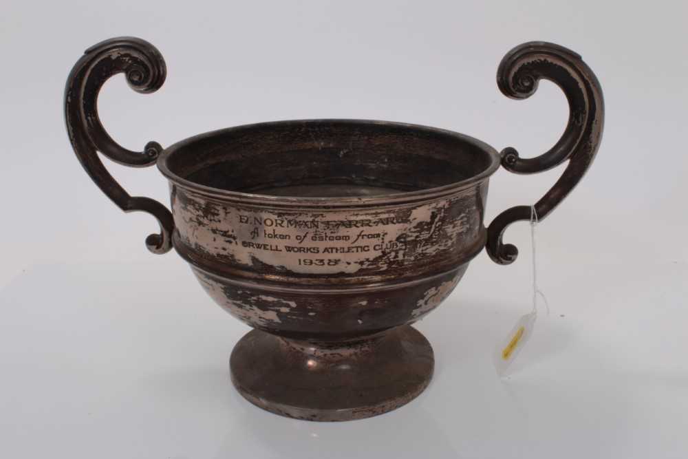 Lot 152 - George VI silver two handled trophy on circular pedestal foot, with engraved presentation inscription to 'Orwell Works Athletic Club 1938'