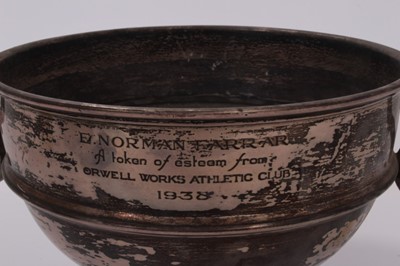 Lot 152 - George VI silver two handled trophy on circular pedestal foot, with engraved presentation inscription to 'Orwell Works Athletic Club 1938'