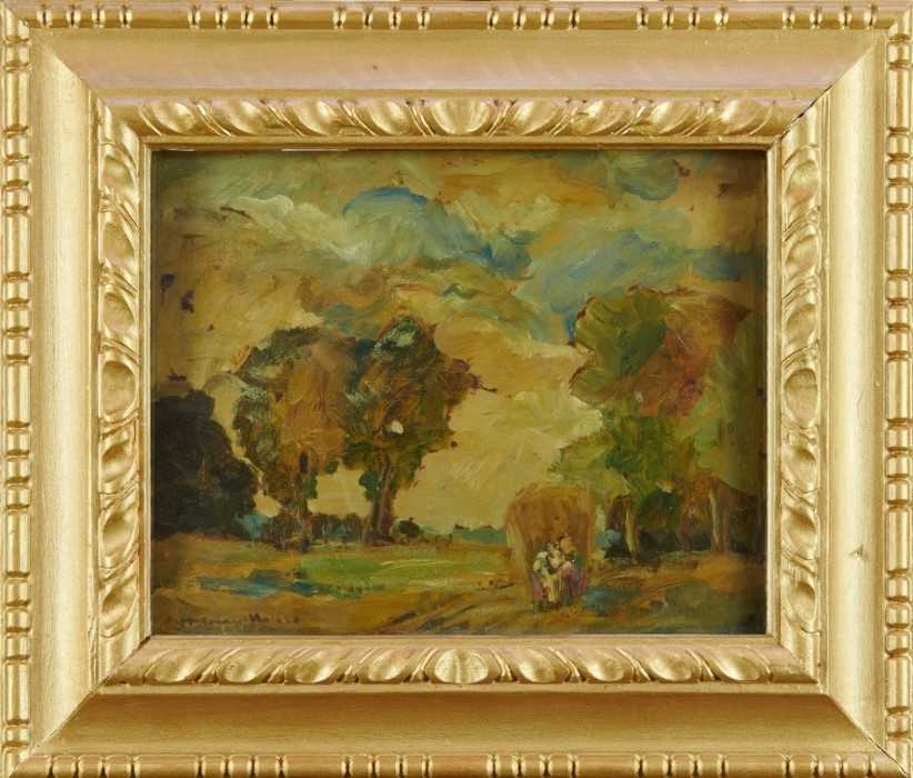 Lot 1049 - *Peggy Somerville (1918-1975) oil on board, 'The Last Load', signed and dated 1929, 24cm x 30cm, in glazed gilt frame