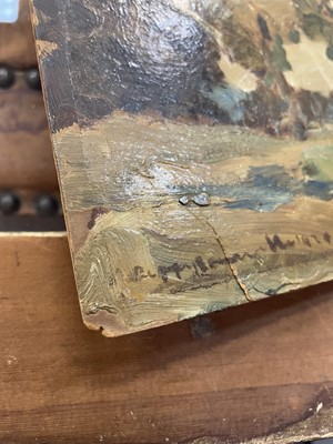 Lot 1049 - *Peggy Somerville (1918-1975) oil on board, 'The Last Load', signed and dated 1929, 24cm x 30cm, in glazed gilt frame