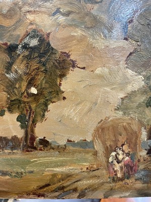 Lot 1049 - *Peggy Somerville (1918-1975) oil on board, 'The Last Load', signed and dated 1929, 24cm x 30cm, in glazed gilt frame