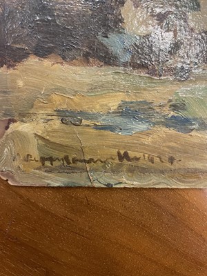 Lot 1049 - *Peggy Somerville (1918-1975) oil on board, 'The Last Load', signed and dated 1929, 24cm x 30cm, in glazed gilt frame