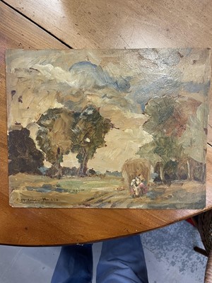 Lot 1049 - *Peggy Somerville (1918-1975) oil on board, 'The Last Load', signed and dated 1929, 24cm x 30cm, in glazed gilt frame