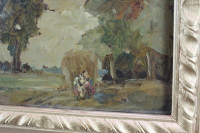 Lot 1049 - *Peggy Somerville (1918-1975) oil on board, 'The Last Load', signed and dated 1929, 24cm x 30cm, in glazed gilt frame
