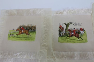 Lot 964 - Collection of eighteen charming early/mid 20th century ink and watercolour panels on silk depicting a days hunting, 16cm square