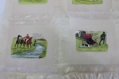 Lot 964 - Collection of eighteen charming early/mid 20th century ink and watercolour panels on silk depicting a days hunting, 16cm square