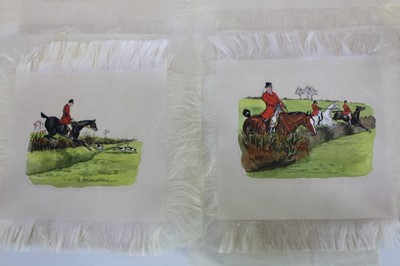 Lot 964 - Collection of eighteen charming early/mid 20th century ink and watercolour panels on silk depicting a days hunting, 16cm square