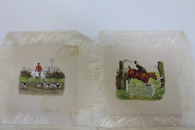 Lot 964 - Collection of eighteen charming early/mid 20th century ink and watercolour panels on silk depicting a days hunting, 16cm square