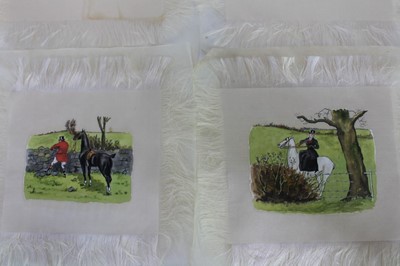 Lot 964 - Collection of eighteen charming early/mid 20th century ink and watercolour panels on silk depicting a days hunting, 16cm square