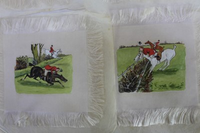 Lot 964 - Collection of eighteen charming early/mid 20th century ink and watercolour panels on silk depicting a days hunting, 16cm square