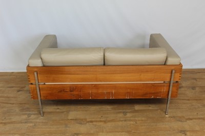 Lot 32 - Pair of good quality Habitat Robin Day Forum two seater leather sofas with hardwood and chrome frames, 147cm wide, 80cm deep, 68cm high