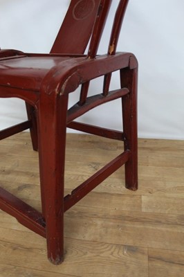 Lot 40 - Pair of Chinese red horseshoe chairs, 72cm wide, 85cm high
