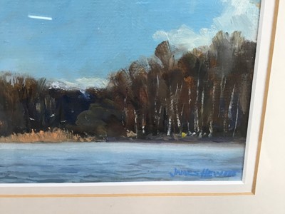 Lot 15 - James Hewitt (b. 1934) oil on card - 'A March Breeze, Great Totham’, signed, 22cm x 15cm, in glazed frame