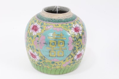 Lot 20 - Group of antique Chinese ceramics, including three green-glazed jars, a polychrome jar, and a blue and white bowl (5)