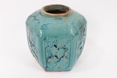 Lot 20 - Group of antique Chinese ceramics, including three green-glazed jars, a polychrome jar, and a blue and white bowl (5)