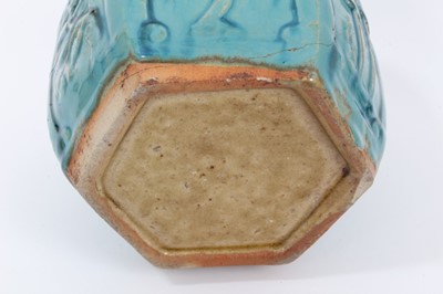 Lot 20 - Group of antique Chinese ceramics, including three green-glazed jars, a polychrome jar, and a blue and white bowl (5)