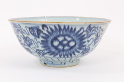 Lot 20 - Group of antique Chinese ceramics, including three green-glazed jars, a polychrome jar, and a blue and white bowl (5)