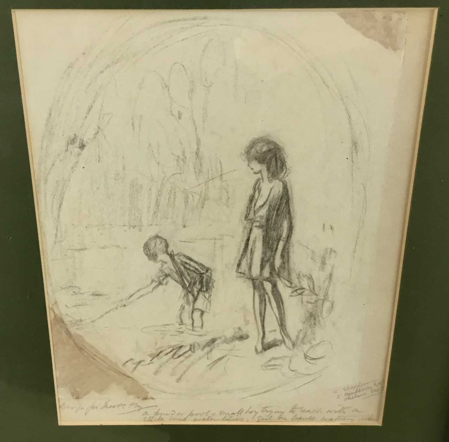 Lot 49 - Claude Allin Shepperson (1867-1921) pencil sketch design, two figures, signed and inscribed, 29cm x 23cm, in glazed frame