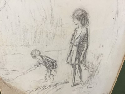 Lot 49 - Claude Allin Shepperson (1867-1921) pencil sketch design, two figures, signed and inscribed, 29cm x 23cm, in glazed frame