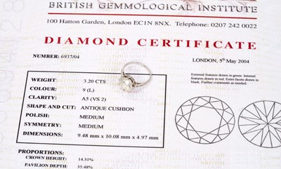 Lot 632 - Diamond single stone ring with an old cut diamond weighing approximately 3.20cts