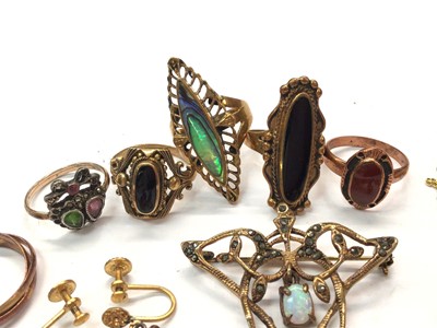 Lot 10 - Group brass dress rings, pair pink stone screw back earrings, Art Nouveau style brooch and cameo necklace