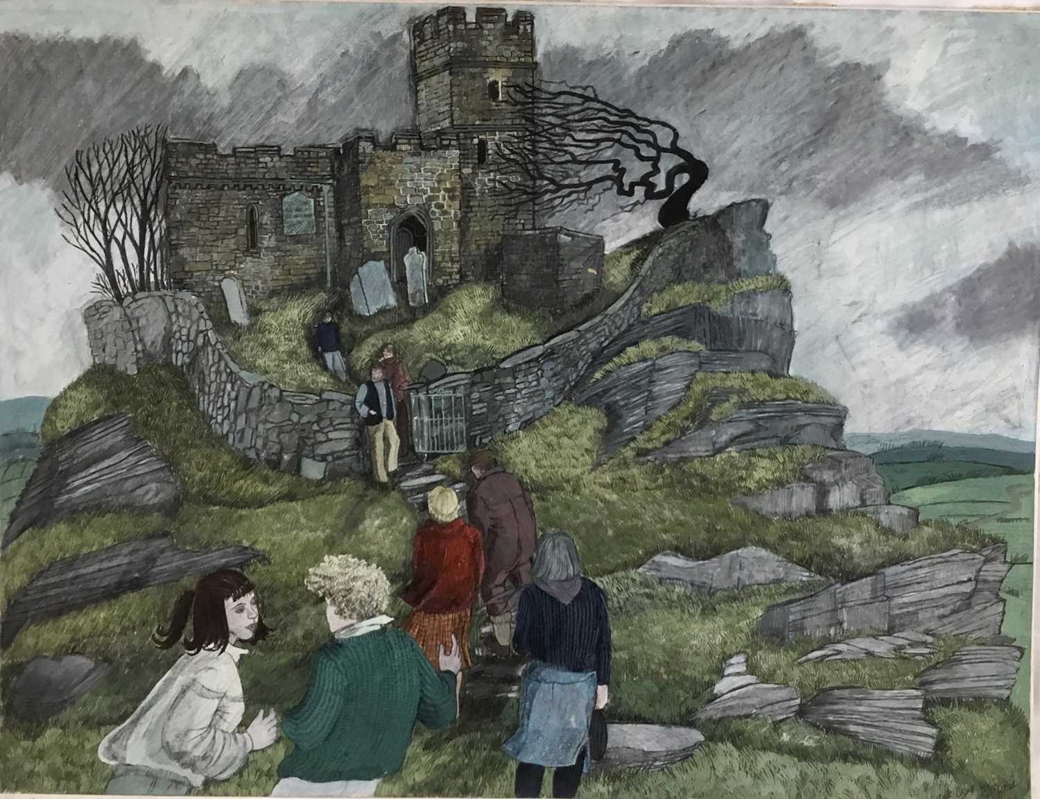 Lot 4 - *Dione Page (1936-2021) two works, gouache and pastel on paper - Chapel on a hill and ‘St Govan’s Chapel’ Pembrokeshire, both unframed