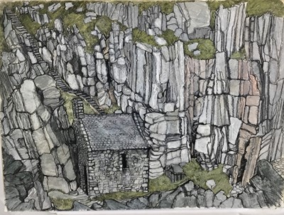 Lot 4 - *Dione Page (1936-2021) two works, gouache and pastel on paper - Chapel on a hill and ‘St Govan’s Chapel’ Pembrokeshire, both unframed