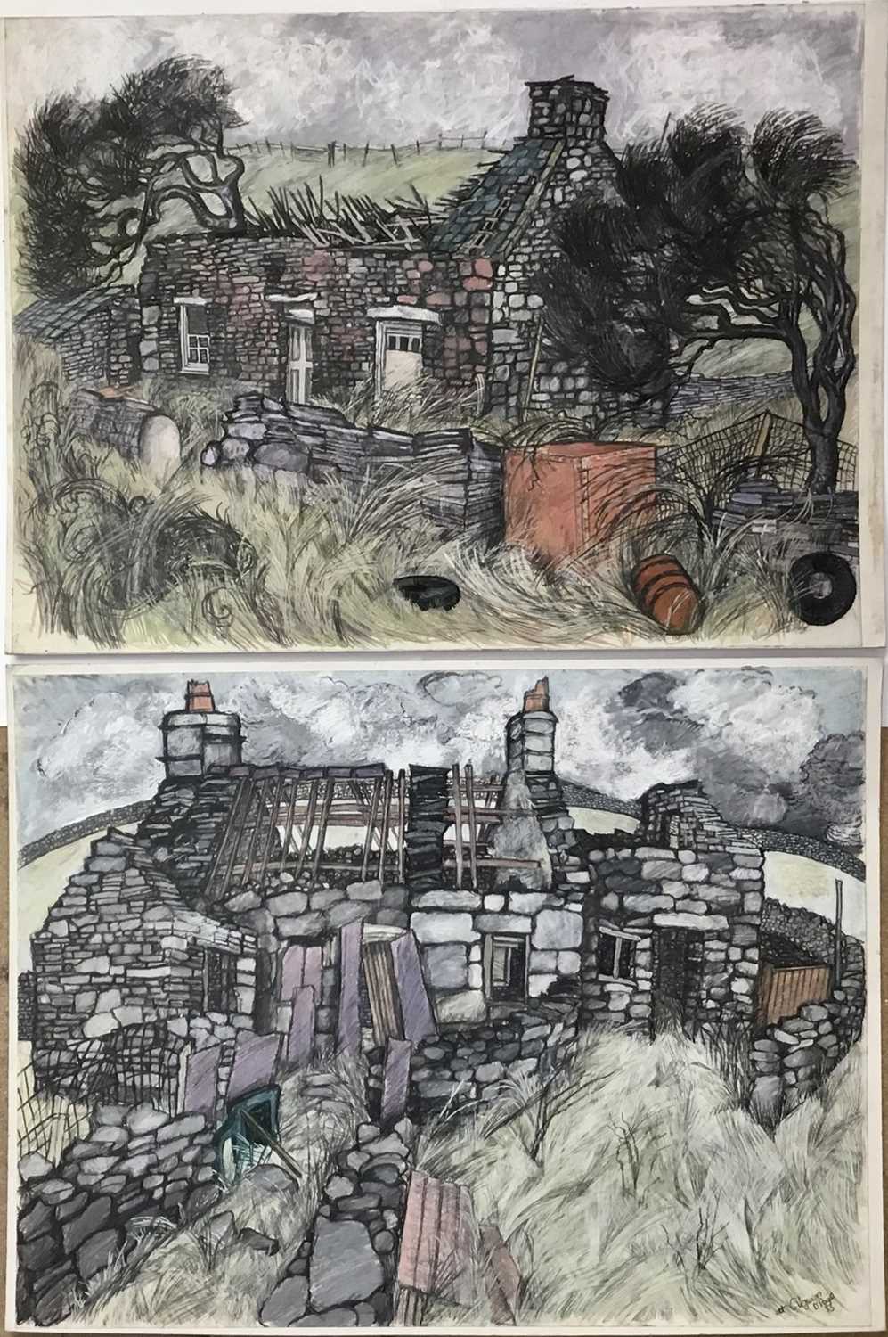 Lot 8 - *Dione Page (1936-2021) two works, gouache and pastel on paper - ruined house and another ‘At Cilgwyn’, signed, unframed