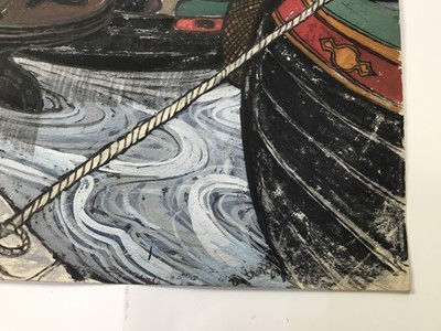 Lot 13 - *Dione Page (1936-2021) gouache and pastel on paper - canal boats, signed and titled indistinctly, pencil sketch verso, 77cm x 57cm unframed