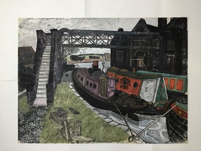 Lot 13 - *Dione Page (1936-2021) gouache and pastel on paper - canal boats, signed and titled indistinctly, pencil sketch verso, 77cm x 57cm unframed