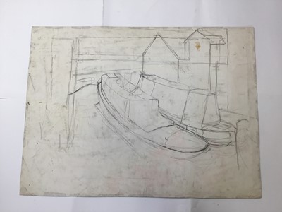 Lot 13 - *Dione Page (1936-2021) gouache and pastel on paper - canal boats, signed and titled indistinctly, pencil sketch verso, 77cm x 57cm unframed