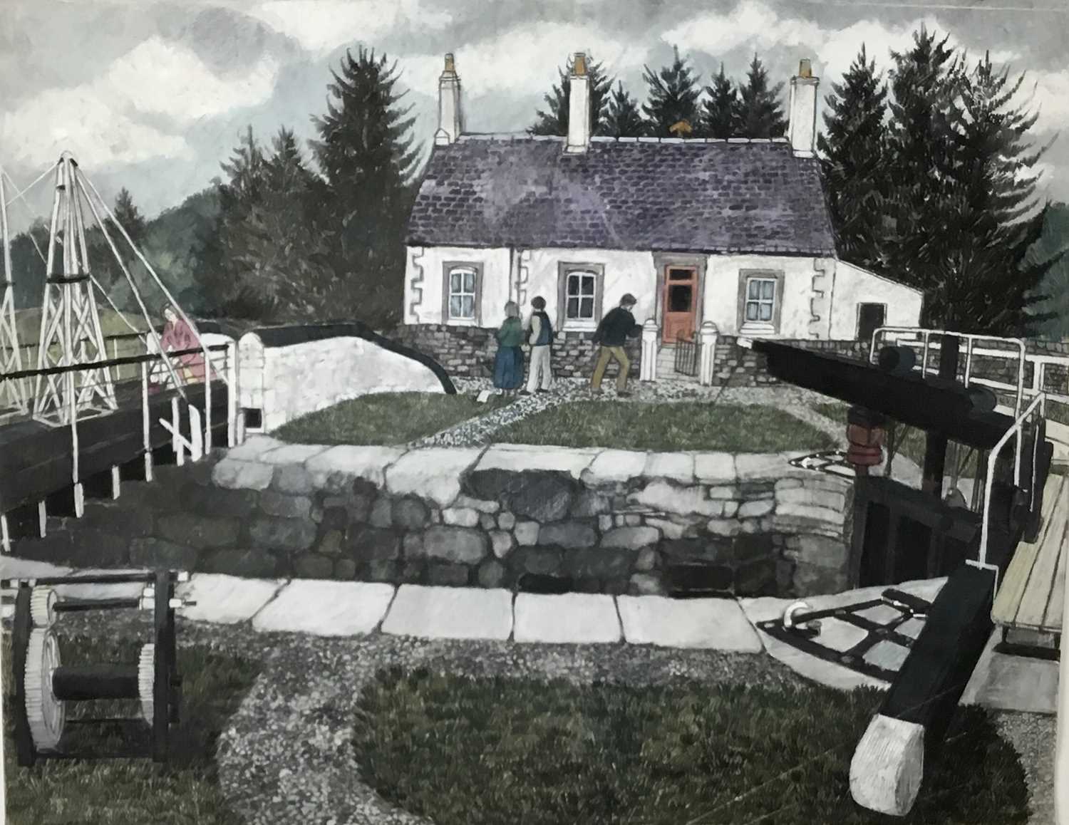 Lot 14 - *Dione Page (1936-2021) two works, gouache and pastel on paper - the Lock house, and Canal reflections, signed and titled indistinctly, unframed