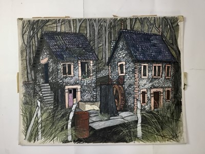 Lot 17 - *Dione Page (1936-2021) gouache and pastel on paper laid on card - ‘Old Derbyshire Mill’, signed titled and dated ‘89, 78cm x 60cm, unframed