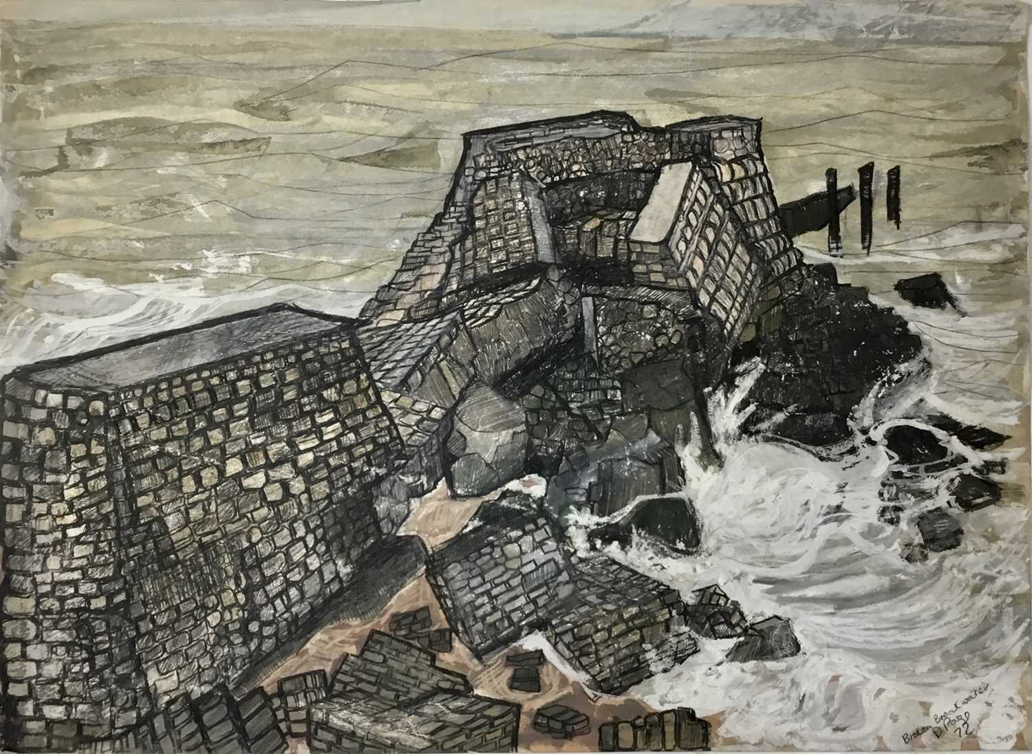 Lot 18 - *Dione Page (1936-2021) two works, gouache and pastel on paper - ‘Broken Breakwater’ and pastel sketch of the vessel ‘Rose’, signed titled and dated, both unframed