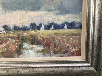 Lot 37 - James Hewitt (b. 1934) oil on board - 'Norfolk Landscape', monogrammed, signed and titled verso, 20.5cm x 15.5cm, framed