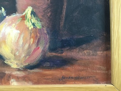 Lot 43 - James Hewitt (b. 1934) oil on board - study of onions, signed, 22.5cm x 15cm, framed
