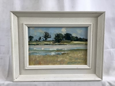 Lot 47 - James Hewitt (b. 1934) two works, oil on board - ‘Oaks at Blythburgh’, signed, 22cm x 14cm and ‘A Lake in Summer’, signed, 28.5cm x 20cm both framed