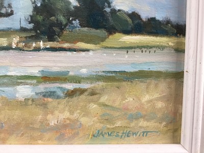 Lot 47 - James Hewitt (b. 1934) two works, oil on board - ‘Oaks at Blythburgh’, signed, 22cm x 14cm and ‘A Lake in Summer’, signed, 28.5cm x 20cm both framed