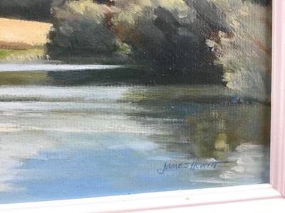 Lot 47 - James Hewitt (b. 1934) two works, oil on board - ‘Oaks at Blythburgh’, signed, 22cm x 14cm and ‘A Lake in Summer’, signed, 28.5cm x 20cm both framed