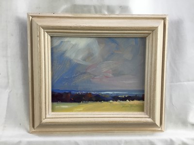 Lot 48 - James Hewitt (b. 1934) two works, oil on board - ‘Passing Rain Gt Totham’ signed, 20cm x 16cm and similar landscape of an approaching storm, signed, 19cm x 14cm