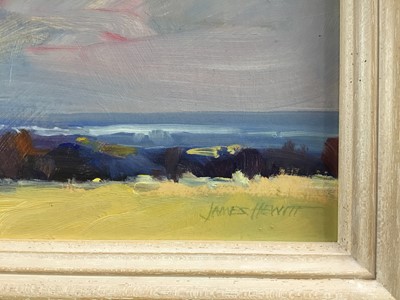 Lot 48 - James Hewitt (b. 1934) two works, oil on board - ‘Passing Rain Gt Totham’ signed, 20cm x 16cm and similar landscape of an approaching storm, signed, 19cm x 14cm