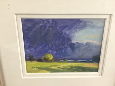Lot 48 - James Hewitt (b. 1934) two works, oil on board - ‘Passing Rain Gt Totham’ signed, 20cm x 16cm and similar landscape of an approaching storm, signed, 19cm x 14cm