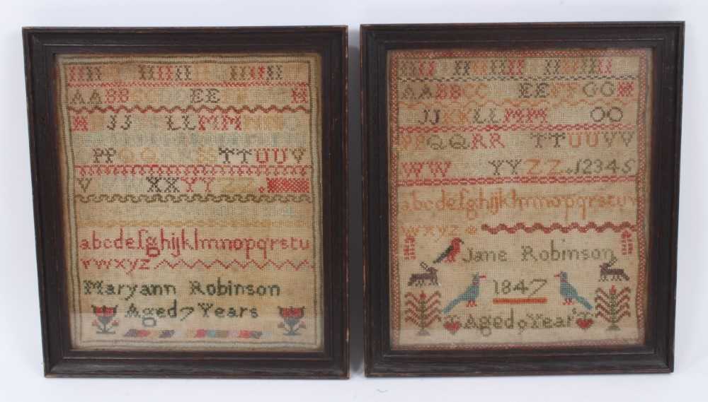Lot 964 - Pair of early Victorian needlework samplers by sisters, 1847.