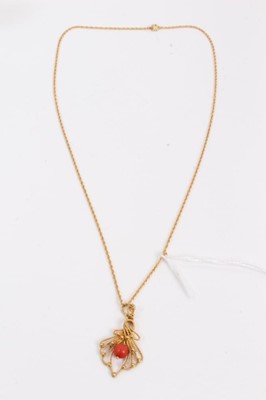 Lot 49 - Continental 18ct gold filigree coral bead pendant on chain