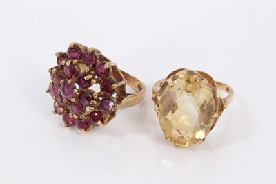 Lot 54 - Two 9ct gold gem set cocktail rings, 14ct gold cultured pearl cross over ring and one other 14ct gold ring