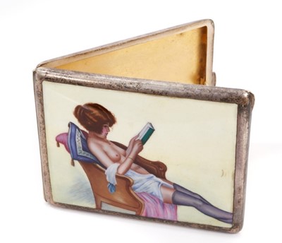 Lot 771 - Early 20th century Alpaca and enamel erotic cigarette box